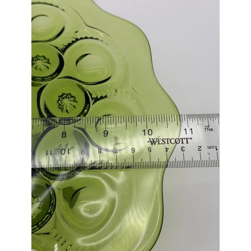 MCM LE Smith Moon & Star Cake Stand Heritage Green Art Glass Pastry Plate 11”